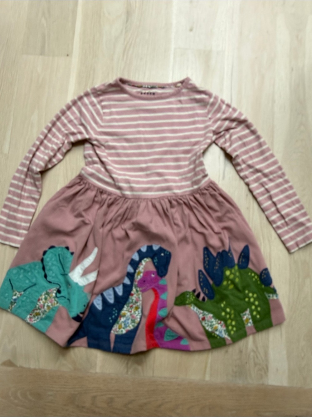 Mini Boden Pink Stripe and Dino Appliqué Dress